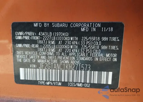 2019 Subaru Crosstrek 2.0I Limited из США, поврежденный, VIN JF2GTANC1KH271573